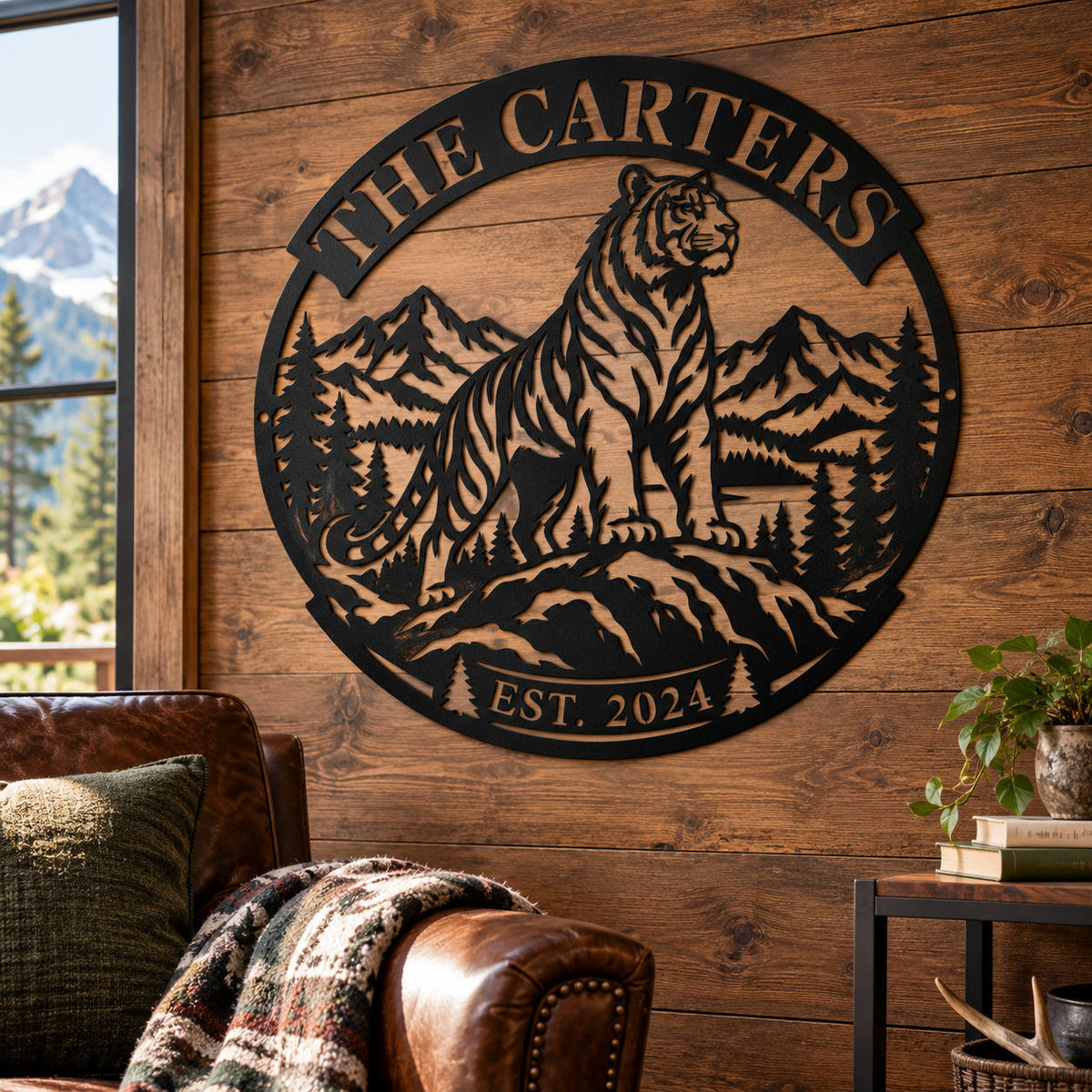 Personalized tiger mountain metal sign decorating a wood-paneled man cave with a leather chair.