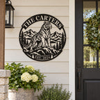Custom tiger family name metal sign mounted beside the front door of a farmhouse-style home.
