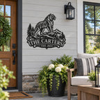 Personalized tiger metal wall sign featuring a mountain landscape displayed on a rustic country home exterior.