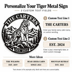 Tiger metal sign personalization guide showing two customizable text fields for a family name, cabin name, or special date.