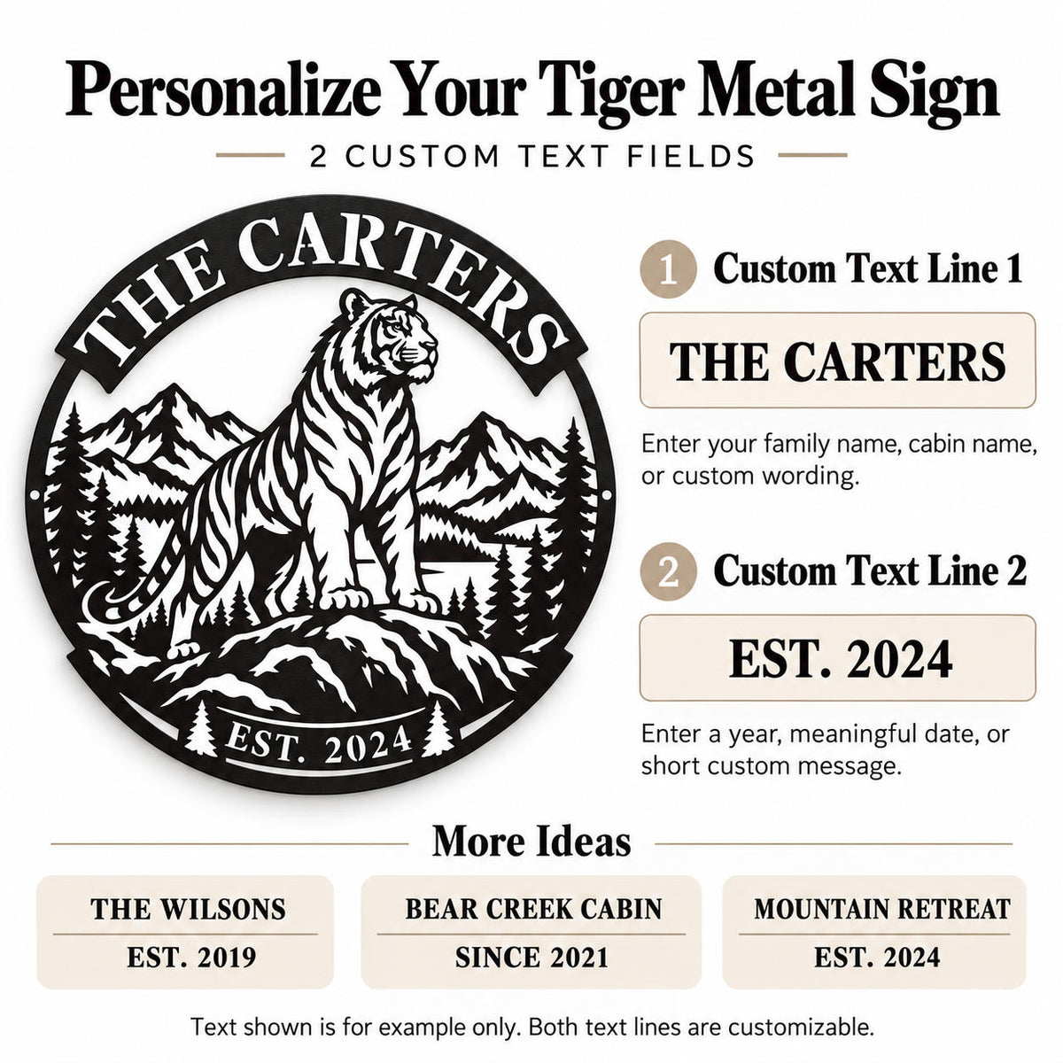 Tiger metal sign personalization guide showing two customizable text fields for a family name, cabin name, or special date.