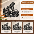 Personalization guide for a custom tiger mountain metal sign showing customizable family name and second text line with examples.