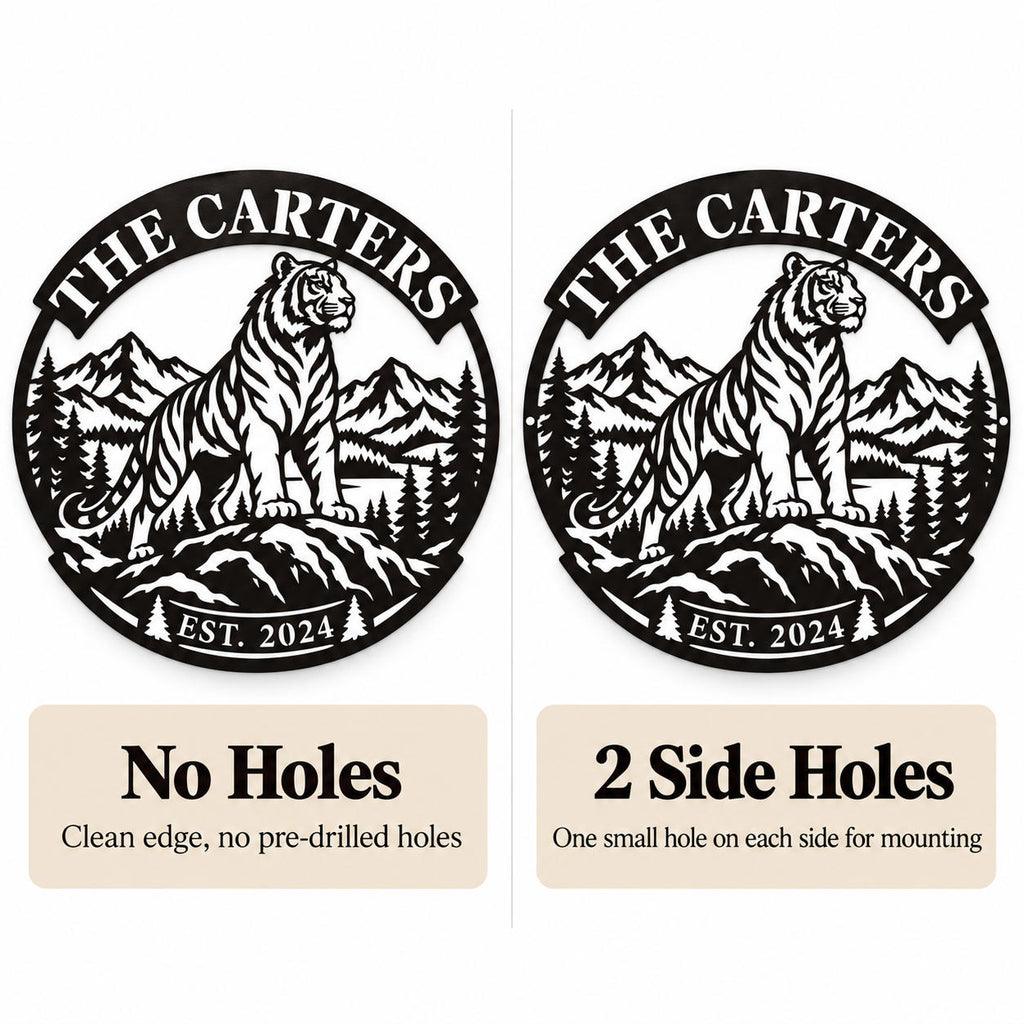 Comparison of custom tiger metal signs with no mounting holes and two small side mounting holes.