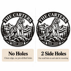 Comparison of custom tiger metal signs with no mounting holes and two small side mounting holes.