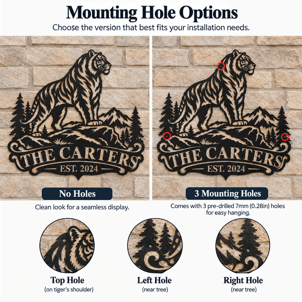 Side-by-side comparison of a personalized tiger mountain metal sign without holes and with three small mounting holes.