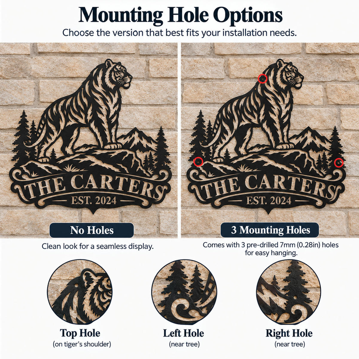 Side-by-side comparison of a personalized tiger mountain metal sign without holes and with three small mounting holes.