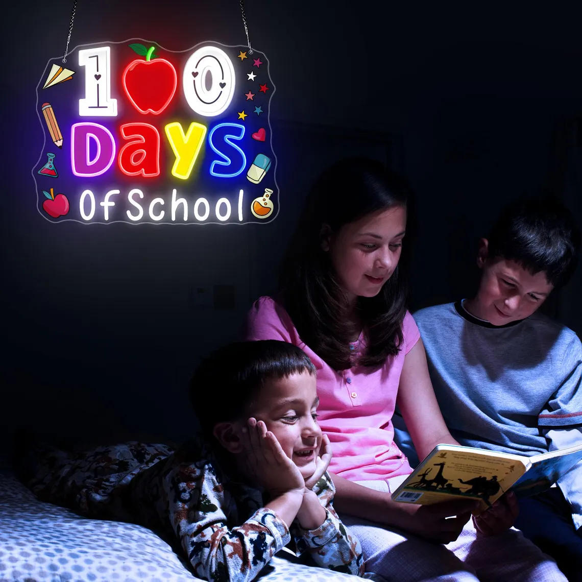 colorful 100 days of school neon sign with apple and bright letters classroom decoration for kids school celebration LED neon wall sign