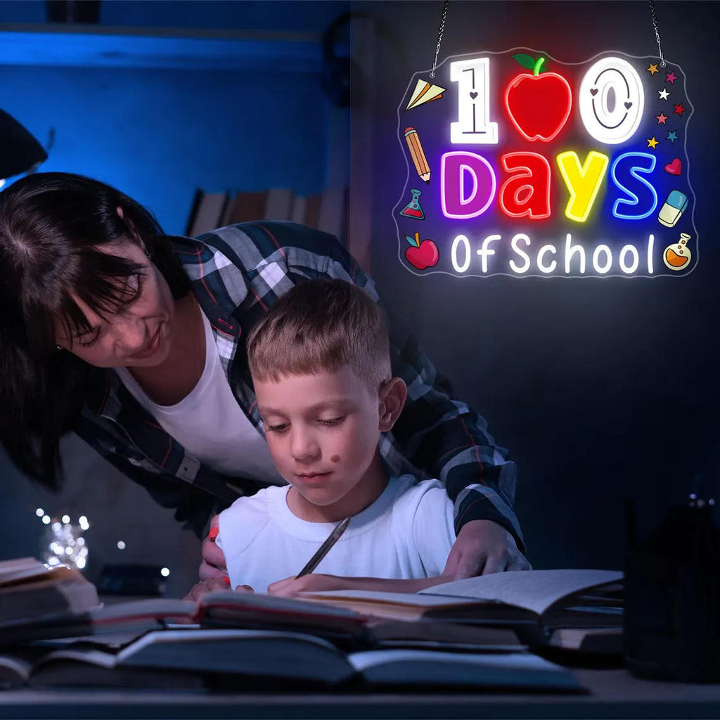 colorful 100 days of school neon sign with apple and bright letters classroom decoration for kids school celebration LED neon wall sign