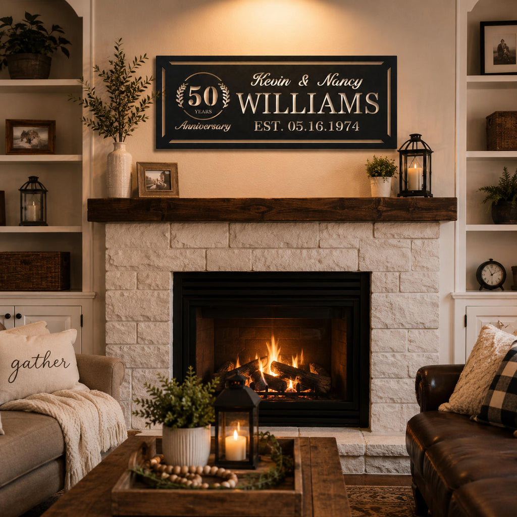 Custom 50th anniversary metal wall sign displayed above a farmhouse fireplace in a cozy living room.