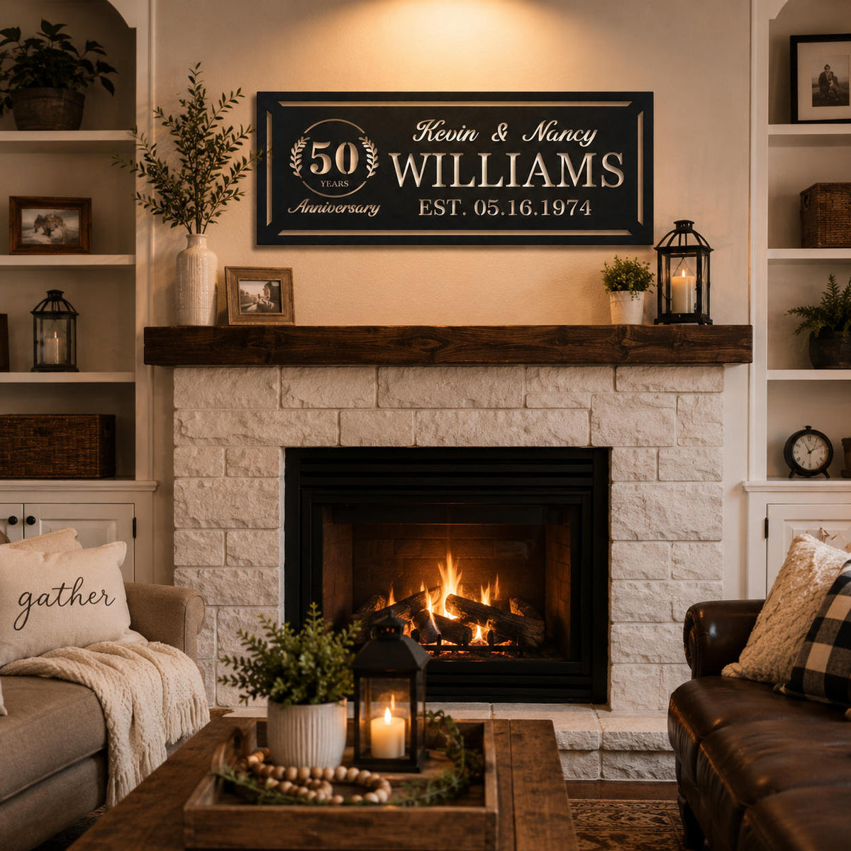Custom 50th anniversary metal wall sign displayed above a farmhouse fireplace in a cozy living room.