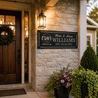 Personalized 50th anniversary metal sign mounted beside a front porch door with custom names and established date.