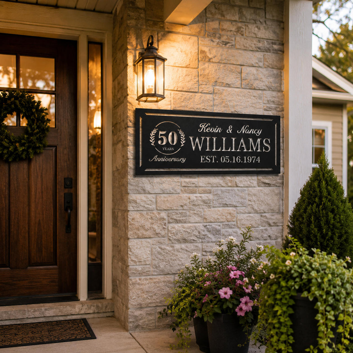 Personalized 50th anniversary metal sign mounted beside a front porch door with custom names and established date.