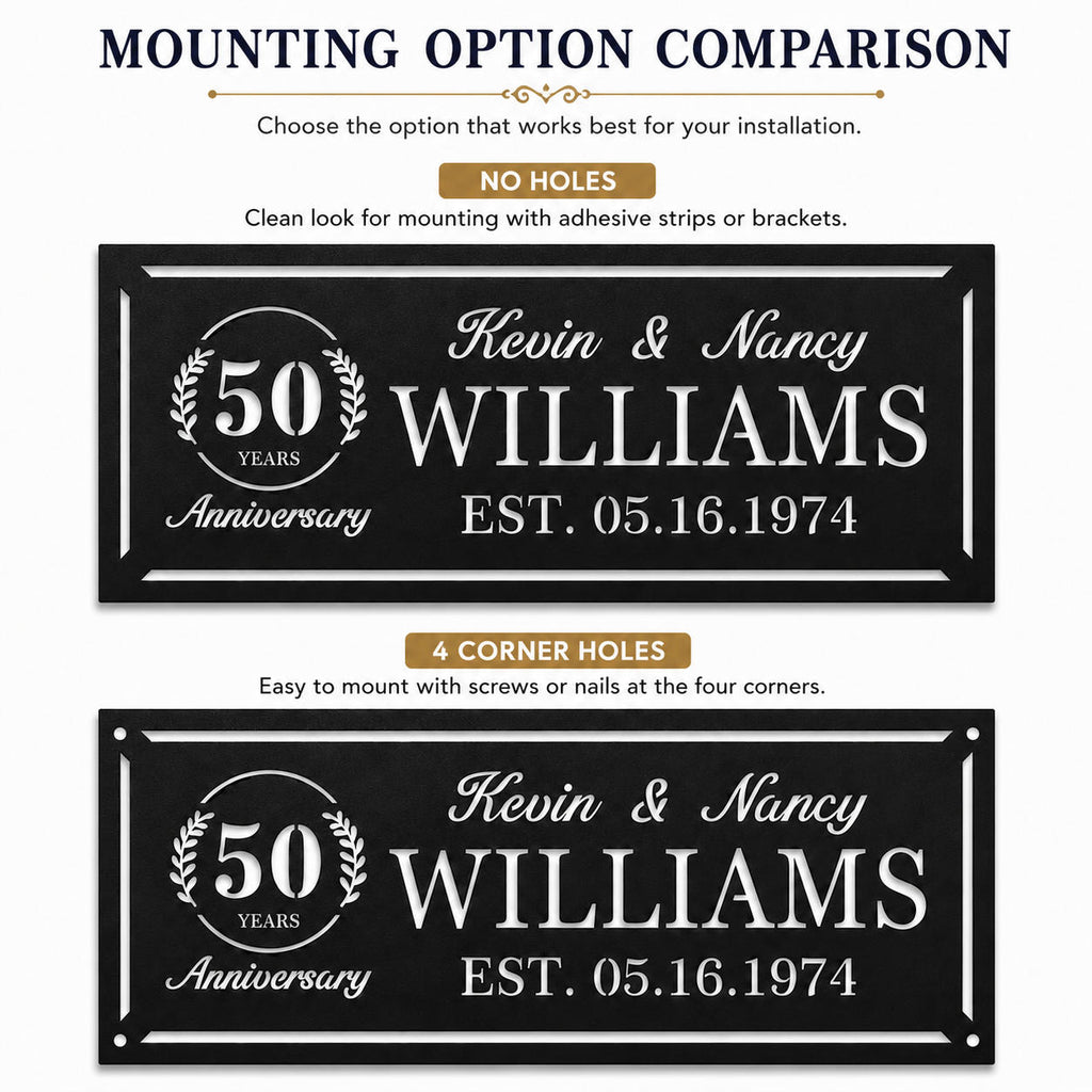 Comparison of no-hole and four-corner mounting hole options for a personalized anniversary metal sign.
