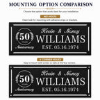Comparison of no-hole and four-corner mounting hole options for a personalized anniversary metal sign.