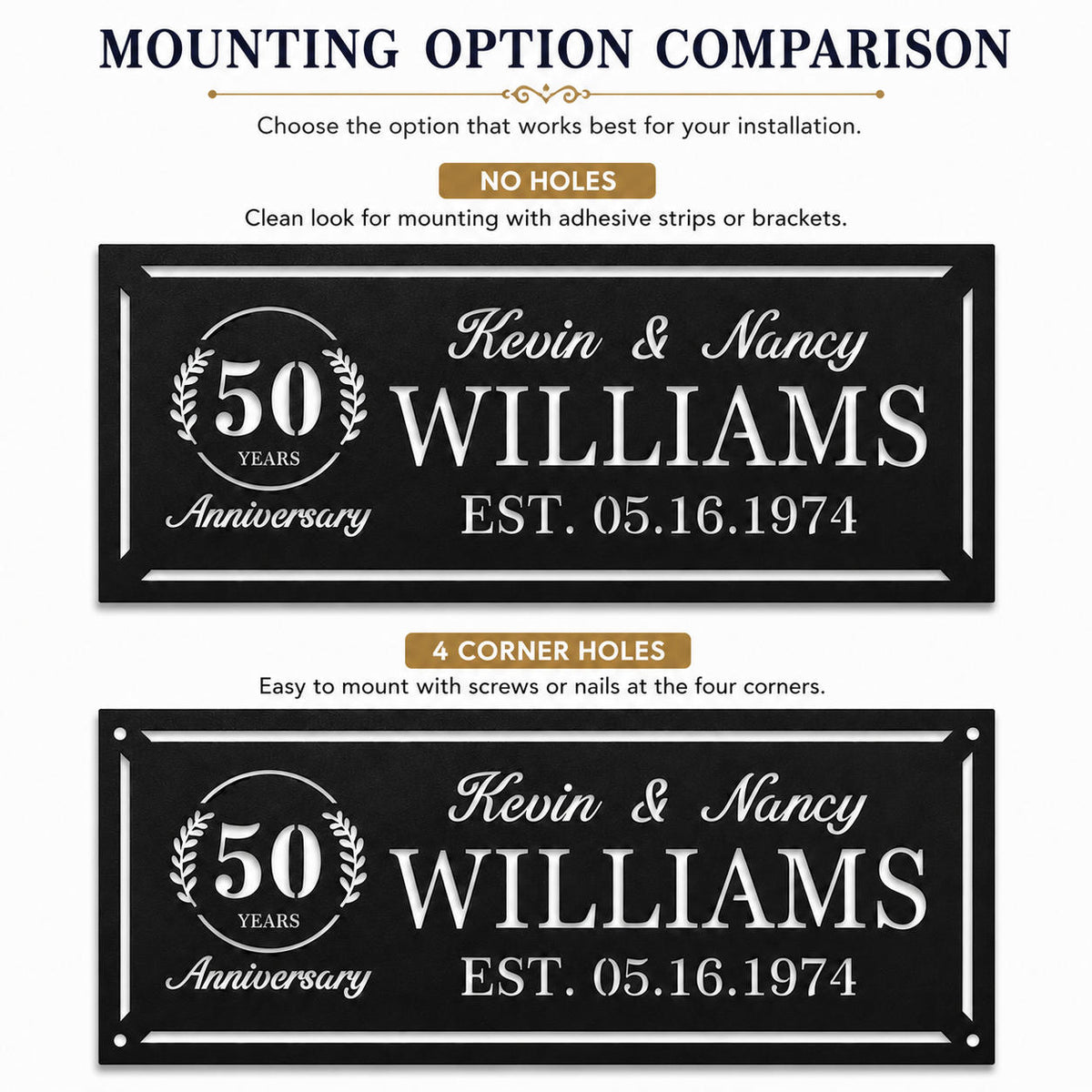 Comparison of no-hole and four-corner mounting hole options for a personalized anniversary metal sign.