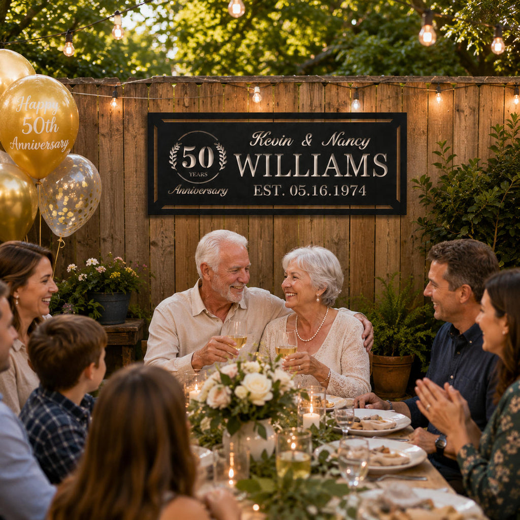 Personalized 50th anniversary metal sign decorating a backyard family celebration with custom names and family surname.