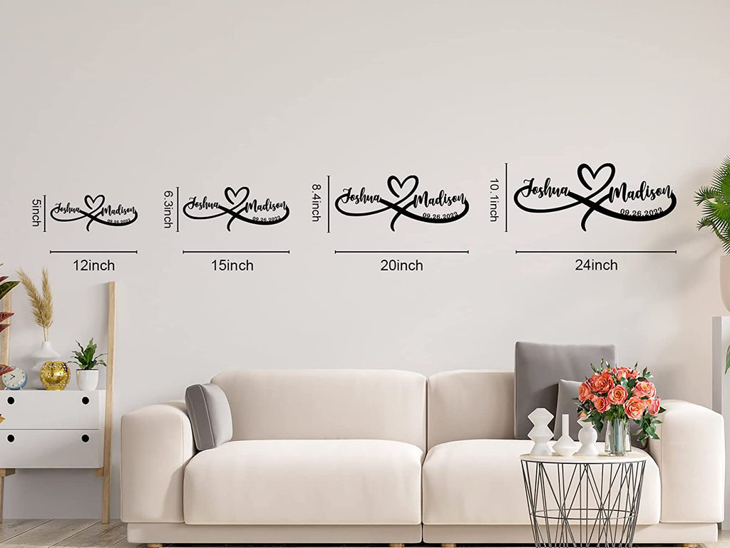 Personalized heart name metal sign with infinity loop, featuring two names and a date – romantic wall décor for couples