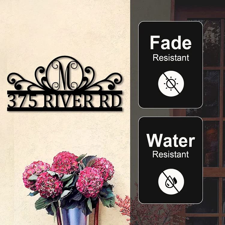 Monogram scroll metal address sign with custom house number, personalized laser-cut steel plaque with powder-coated finish, elegant outdoor wall decor