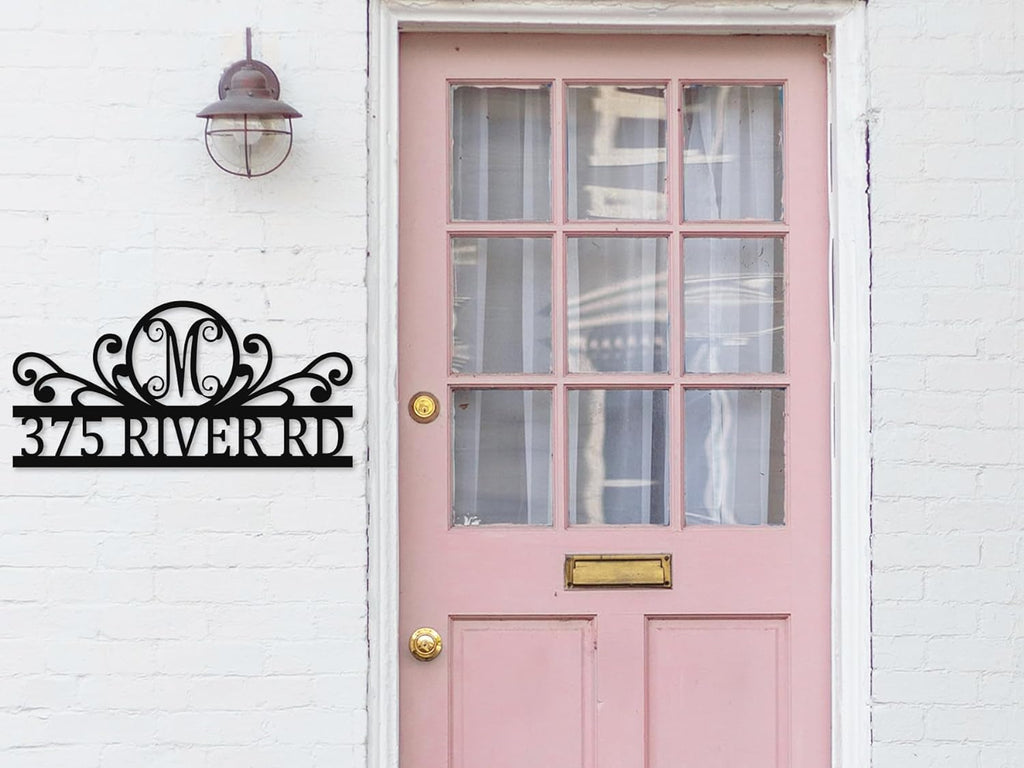 Monogram scroll metal address sign with custom house number, personalized laser-cut steel plaque with powder-coated finish, elegant outdoor wall decor