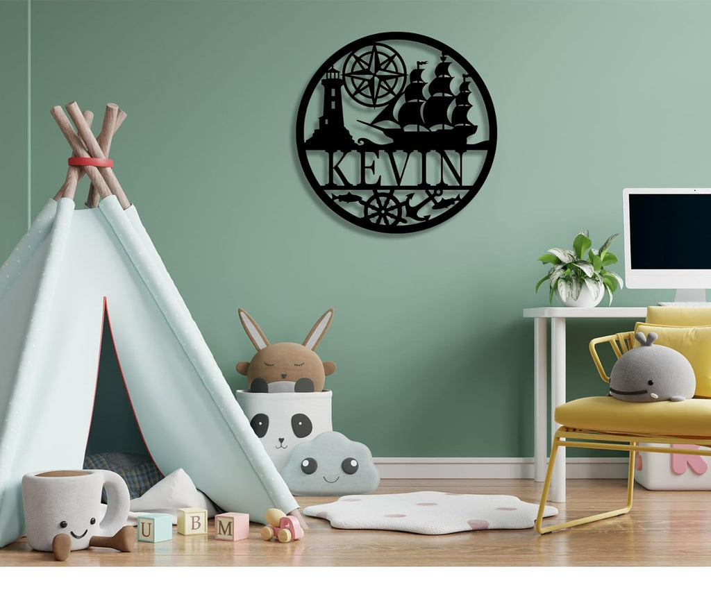 Custom nautical metal sign with sailing ship, lighthouse, compass, anchor, fish, personalized name, durable steel, pre-drilled for easy wall mounting, perfect home or cabin décor.
