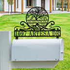 Personalized stainless steel tree of life mailbox topper with custom address and family name.