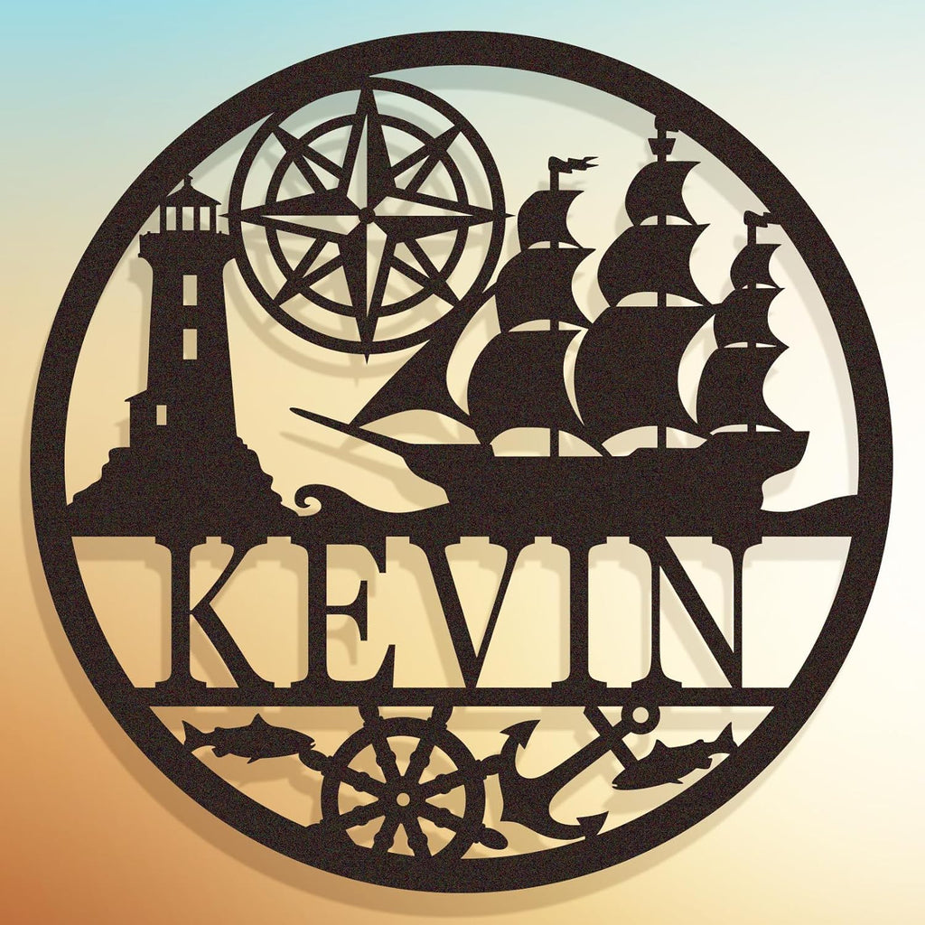 Custom nautical metal sign with sailing ship, lighthouse, compass, anchor, fish, personalized name, durable steel, pre-drilled for easy wall mounting, perfect home or cabin décor.