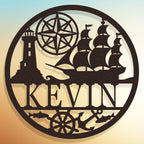 Custom nautical metal sign with sailing ship, lighthouse, compass, anchor, fish, personalized name, durable steel, pre-drilled for easy wall mounting, perfect home or cabin décor.