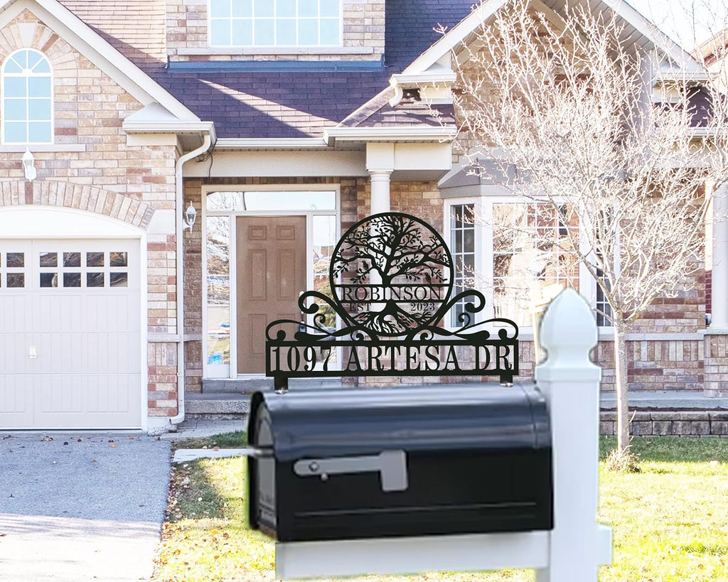 Personalized stainless steel tree of life mailbox topper with custom address and family name.