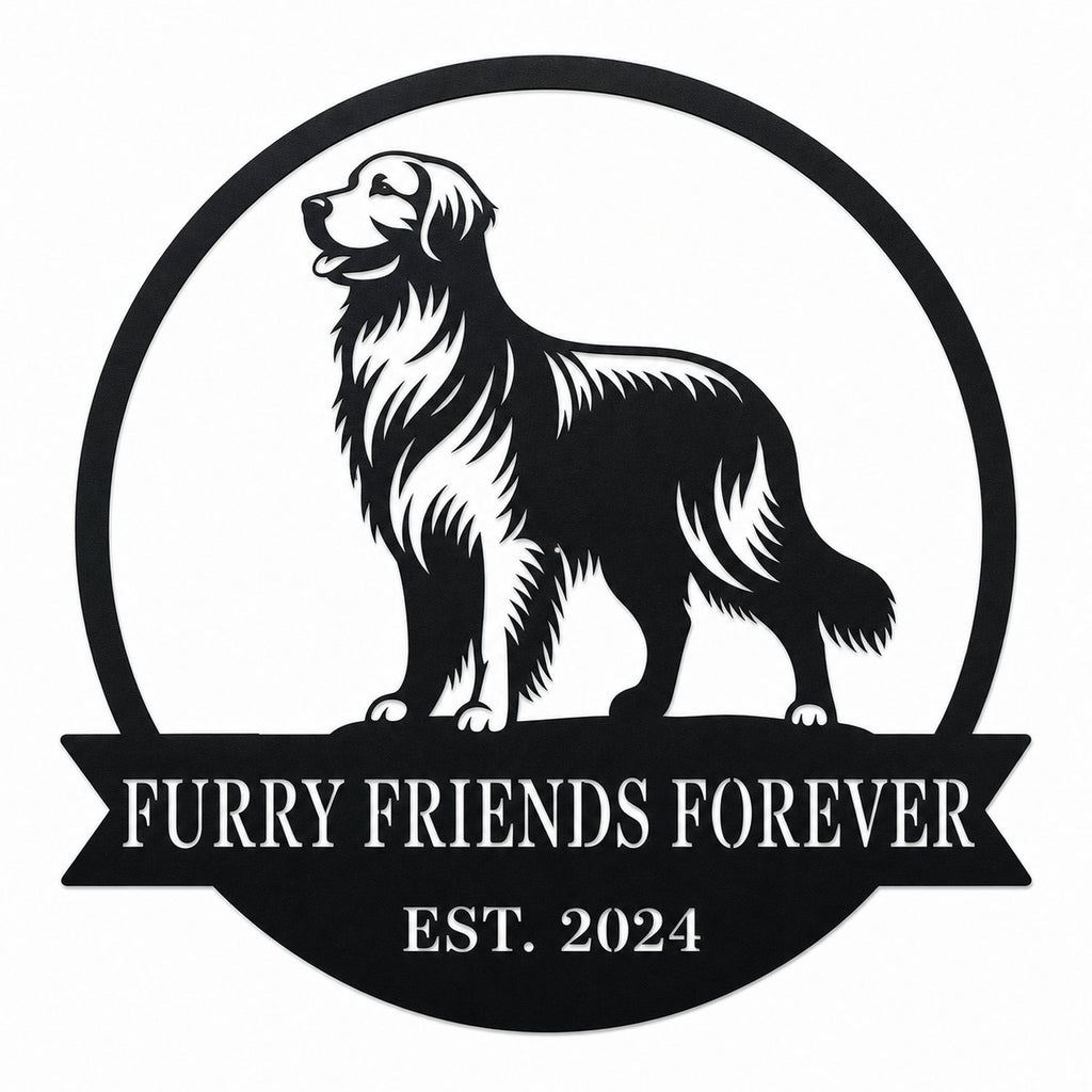 Custom Golden Retriever Metal Name Sign main product image on a white background with Furry Friends Forever text and EST. 2024.
