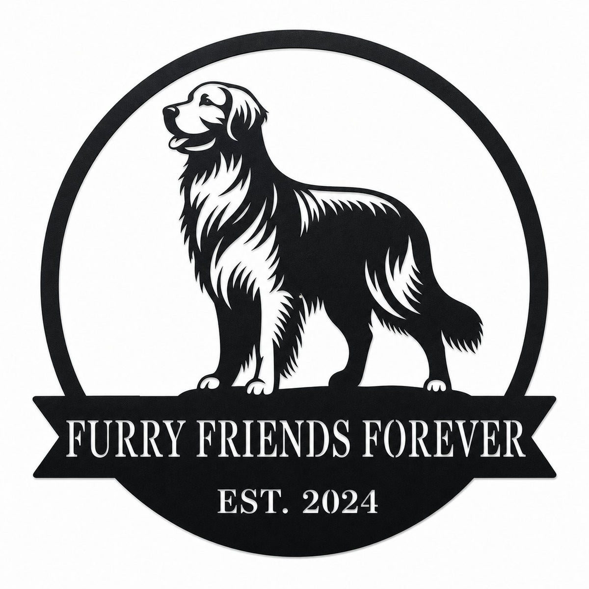 Custom Golden Retriever Metal Name Sign main product image on a white background with Furry Friends Forever text and EST. 2024.