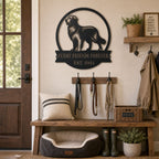 Custom Golden Retriever Metal Name Sign mounted in a mudroom dog leash area with pre-drilled side holes, bench, hooks, and pet bed.