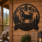 Custom Husky Mountain Wilderness Metal Sign mounted on a rustic cabin porch wall with mountain-inspired outdoor decor.