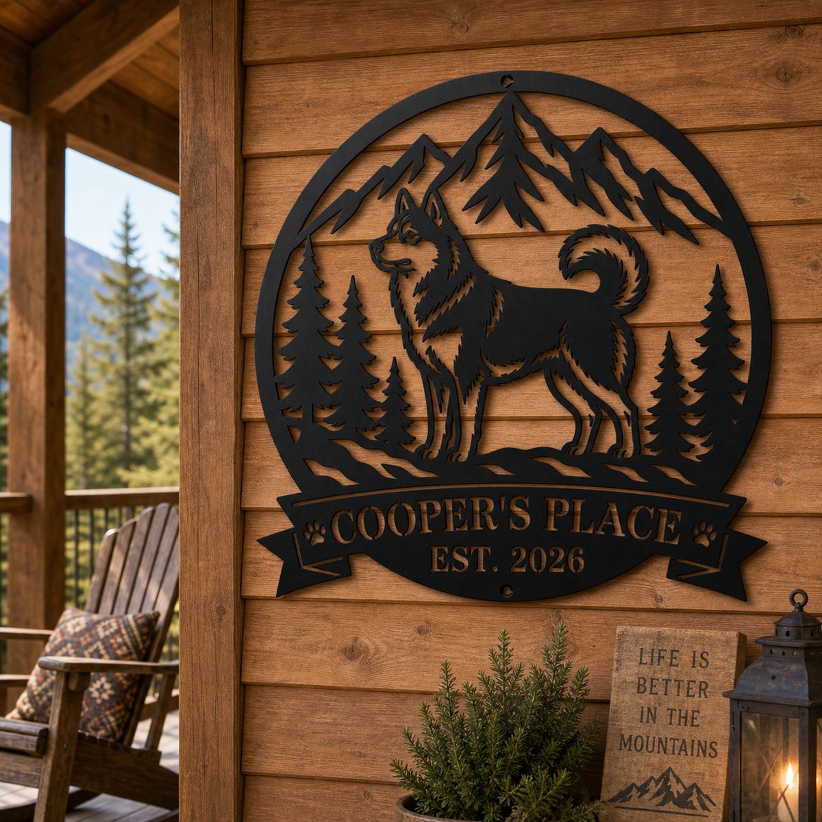 Custom Husky Mountain Wilderness Metal Sign mounted on a rustic cabin porch wall with mountain-inspired outdoor decor.