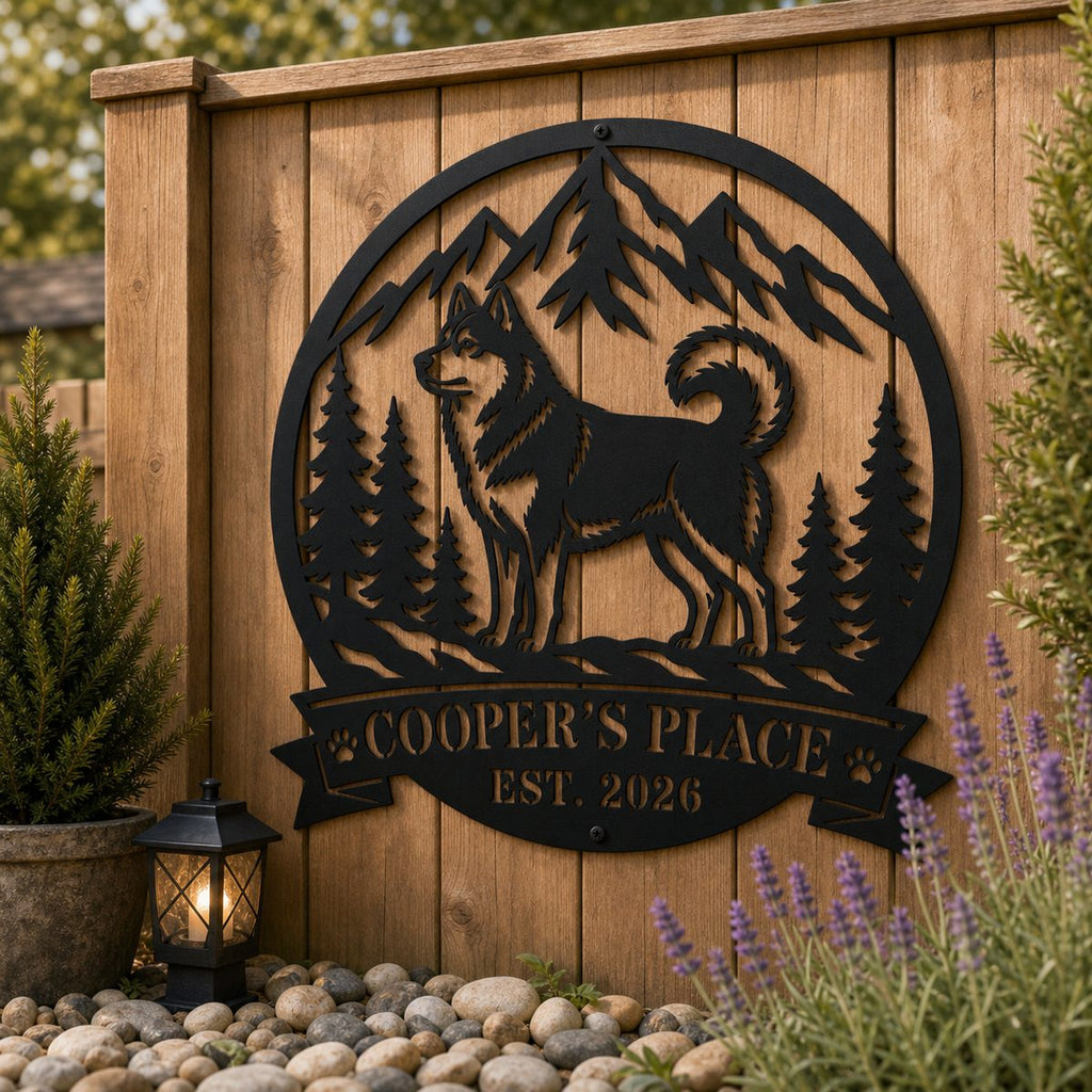 Custom Husky Mountain Wilderness Metal Sign displayed on a cedar garden fence with evergreen plants, lavender, and visible top and bottom mounting holes.