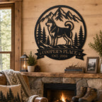 Custom Husky Mountain Wilderness Metal Sign hung above a cozy cabin mantel with wood and stone decor.