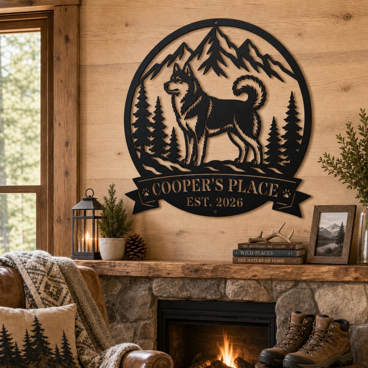Custom Husky Mountain Wilderness Metal Sign hung above a cozy cabin mantel with wood and stone decor.