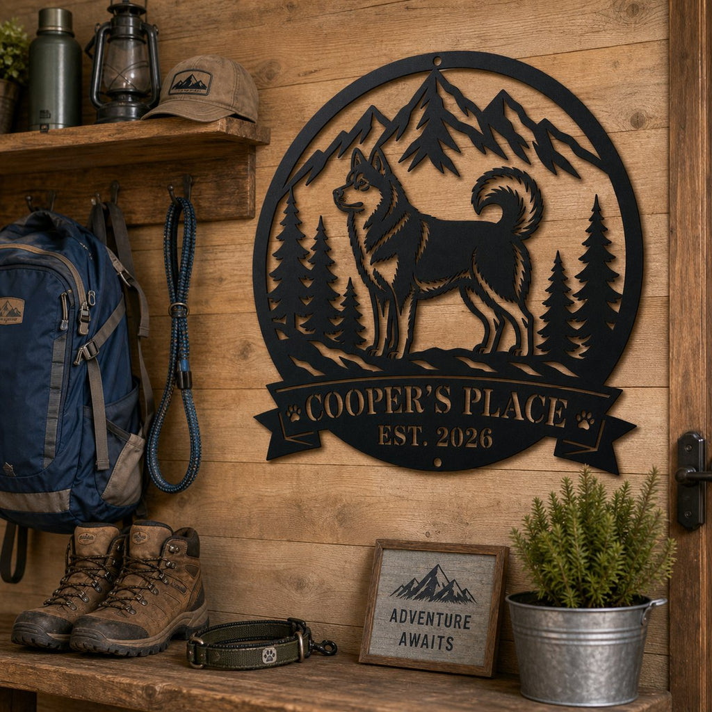 Custom Husky Mountain Wilderness Metal Sign mounted in an outdoor gear mudroom with hiking boots, dog leash, and warm cabin styling.