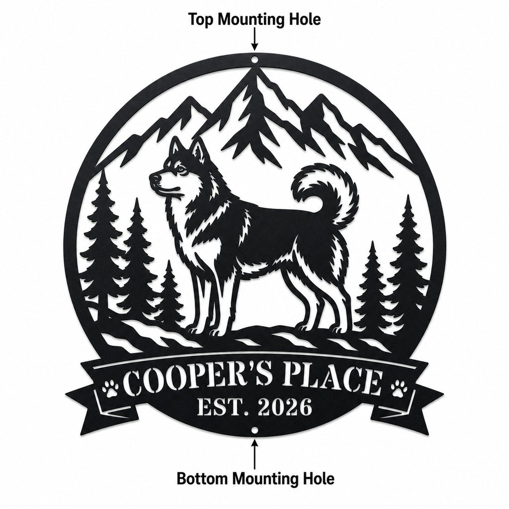 Custom Husky Mountain Wilderness Metal Sign mounting hole detail showing one round hole at the top of the circle and one round hole at the bottom.