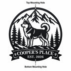 Custom Husky Mountain Wilderness Metal Sign mounting hole detail showing one round hole at the top of the circle and one round hole at the bottom.