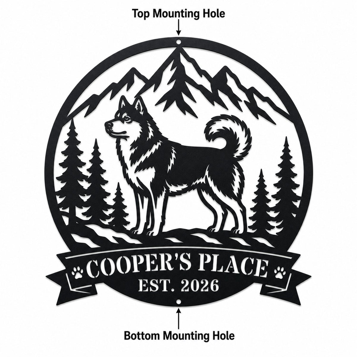 Custom Husky Mountain Wilderness Metal Sign mounting hole detail showing one round hole at the top of the circle and one round hole at the bottom.