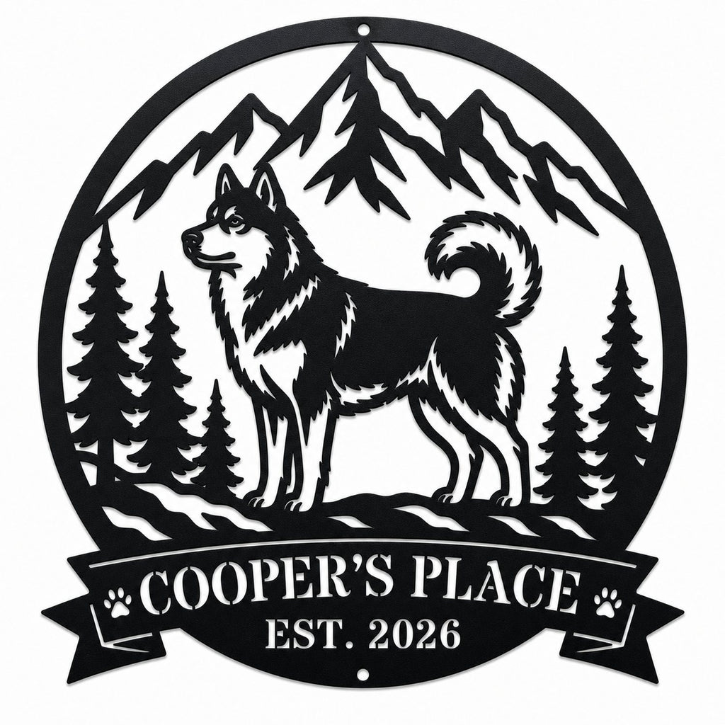 Custom Husky Mountain Wilderness Metal Sign main product image on a white background with husky, mountains, pine trees, Cooper's Place text, and top and bottom mounting holes