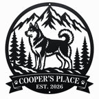 Custom Husky Mountain Wilderness Metal Sign main product image on a white background with husky, mountains, pine trees, Cooper's Place text, and top and bottom mounting holes