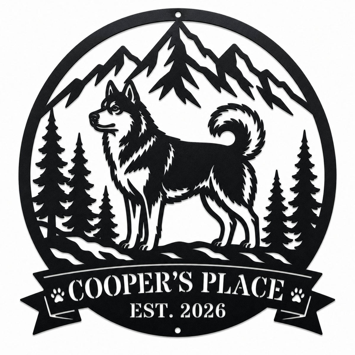 Custom Husky Mountain Wilderness Metal Sign main product image on a white background with husky, mountains, pine trees, Cooper's Place text, and top and bottom mounting holes