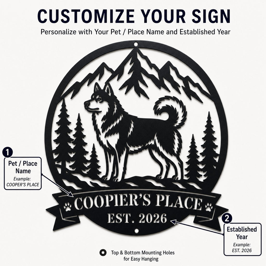 Custom Husky Mountain Wilderness Metal Sign customization guide showing where to enter the pet or place name and established year.