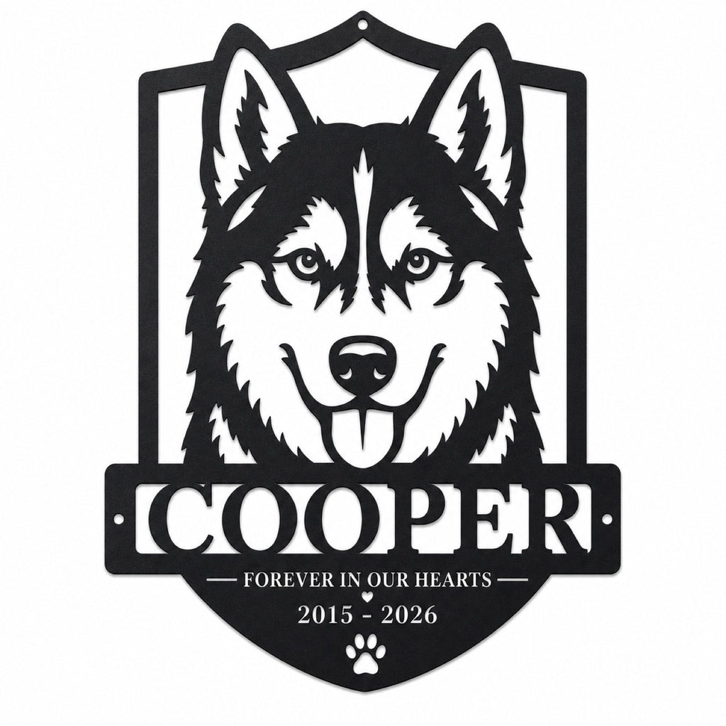 Custom Husky Pet Memorial Metal Sign mounted by a front porch entry with the name Cooper, memorial dates, and pre-drilled side holes.