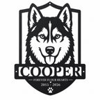 Custom Husky Pet Memorial Metal Sign mounted by a front porch entry with the name Cooper, memorial dates, and pre-drilled side holes.