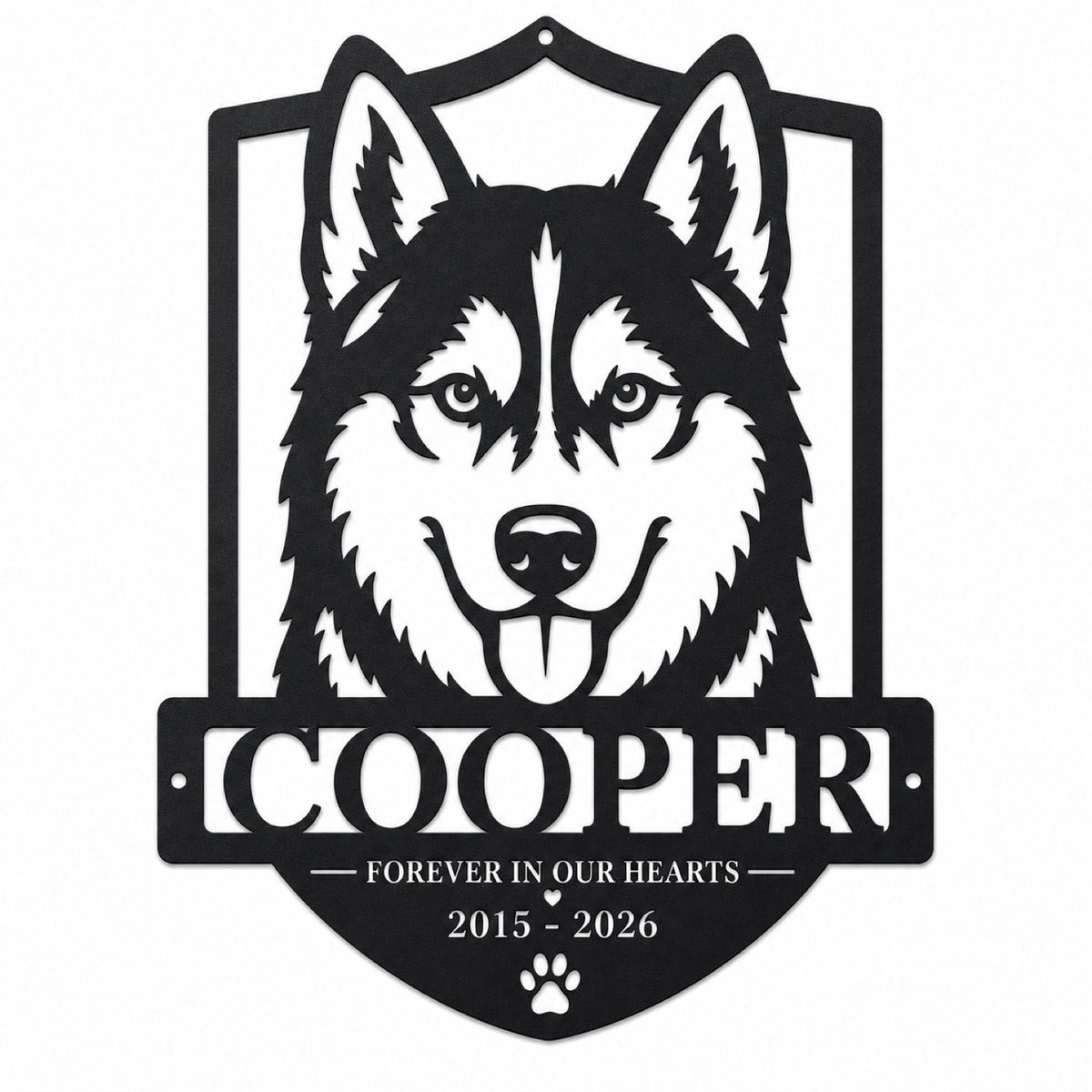 Custom Husky Pet Memorial Metal Sign mounted by a front porch entry with the name Cooper, memorial dates, and pre-drilled side holes.