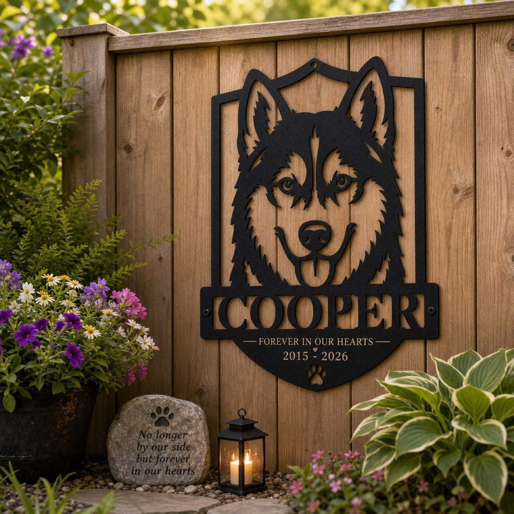 Custom Husky Pet Memorial Metal Sign hung above an indoor pet memorial table with a collar, candle, and framed husky photo.