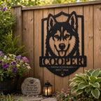Custom Husky Pet Memorial Metal Sign hung above an indoor pet memorial table with a collar, candle, and framed husky photo.