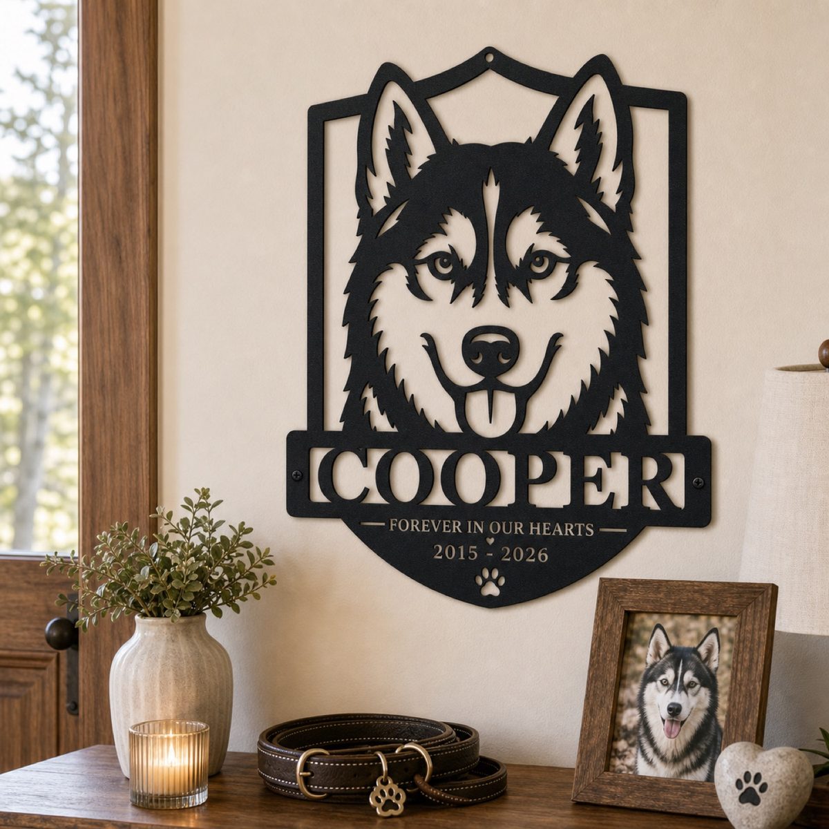 Custom Husky Pet Memorial Metal Sign mounted in a mudroom pet nook above a bench, leash hooks, and a pet bed.